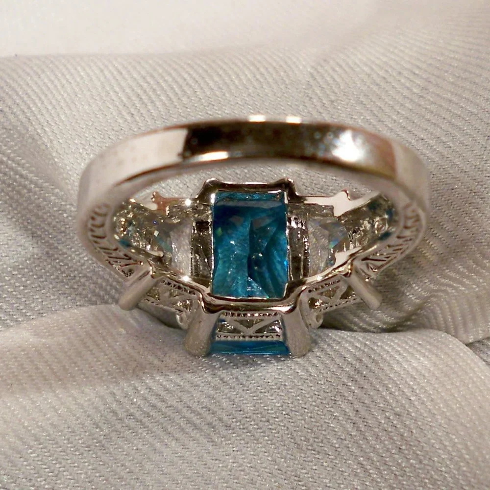 NEW Radiant Cut Blue Cubic Zirconias Silver DESIGNER Ring